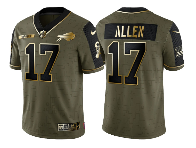 Men's Buffalo Bills #17 Josh Allen 2021 Olive Golden Salute To Service Limited Stitched Jersey Men's Buffalo Bills #17 Josh Allen 2021 Olive Golden Salute To Service Limited Stitched Jersey